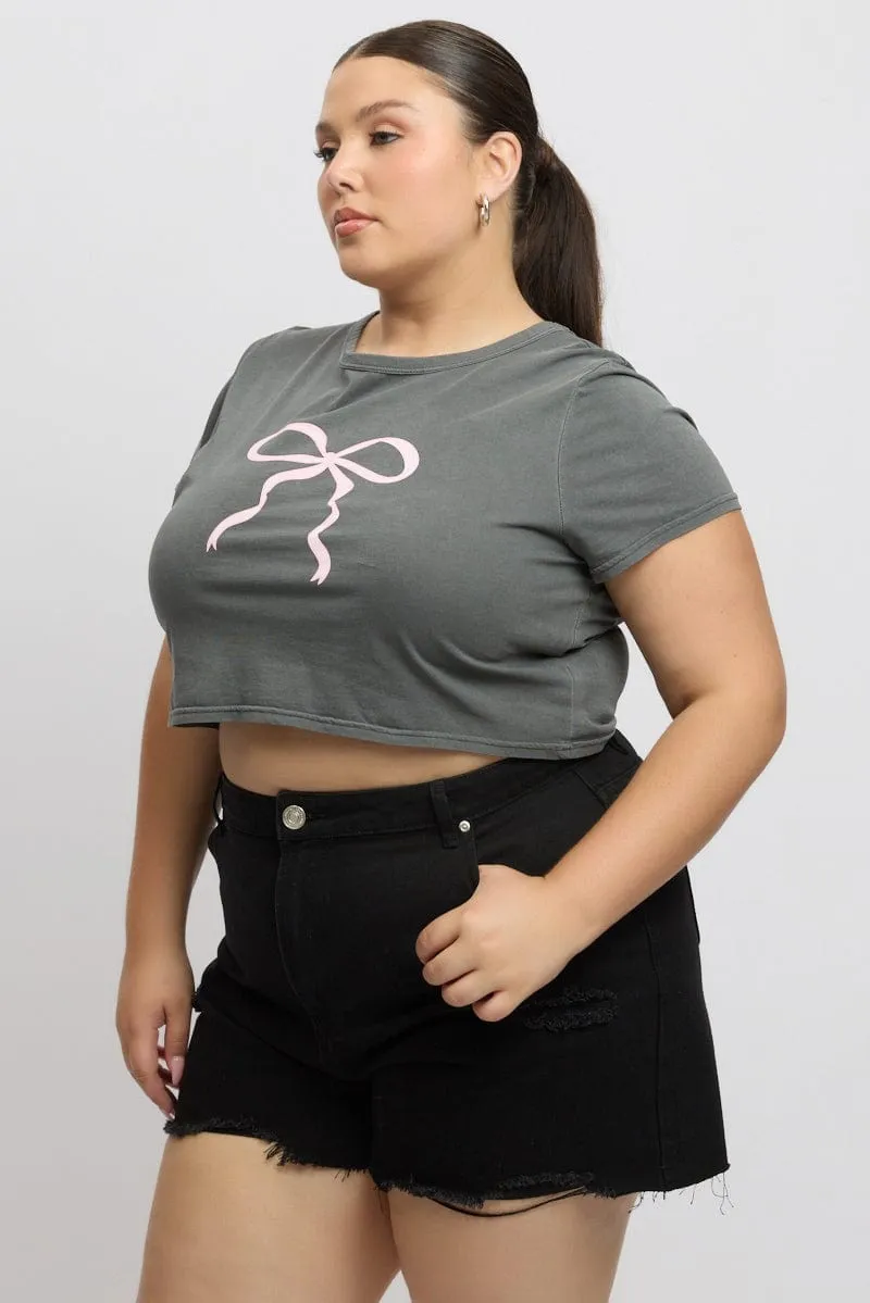 Daily Casual Classic Style Grey Graphic T Shirt Short Sleeve Crop Top