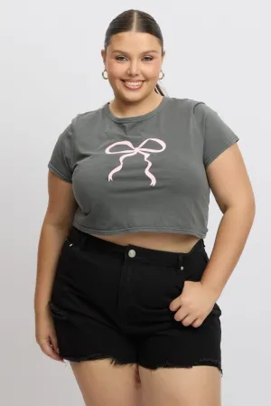 All-Purpose Wear Grey Graphic T Shirt Short Sleeve Crop Top
