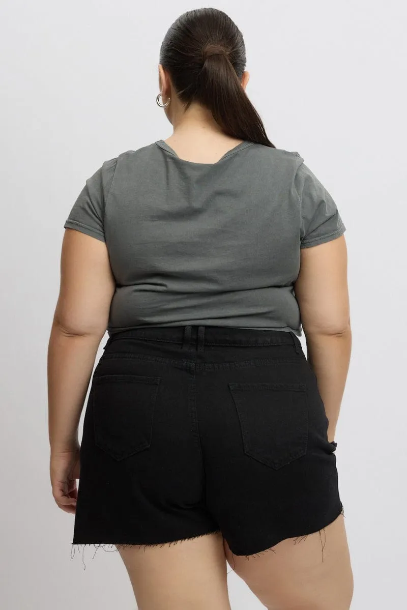 Grey Graphic T Shirt Short Sleeve Crop Top Linen blend