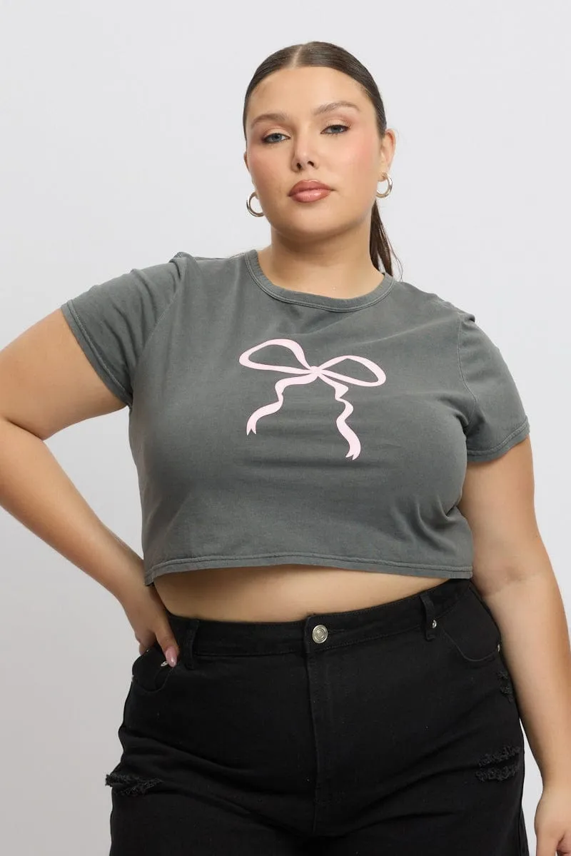 Sophisticated Casual Grey Graphic T Shirt Short Sleeve Crop Top