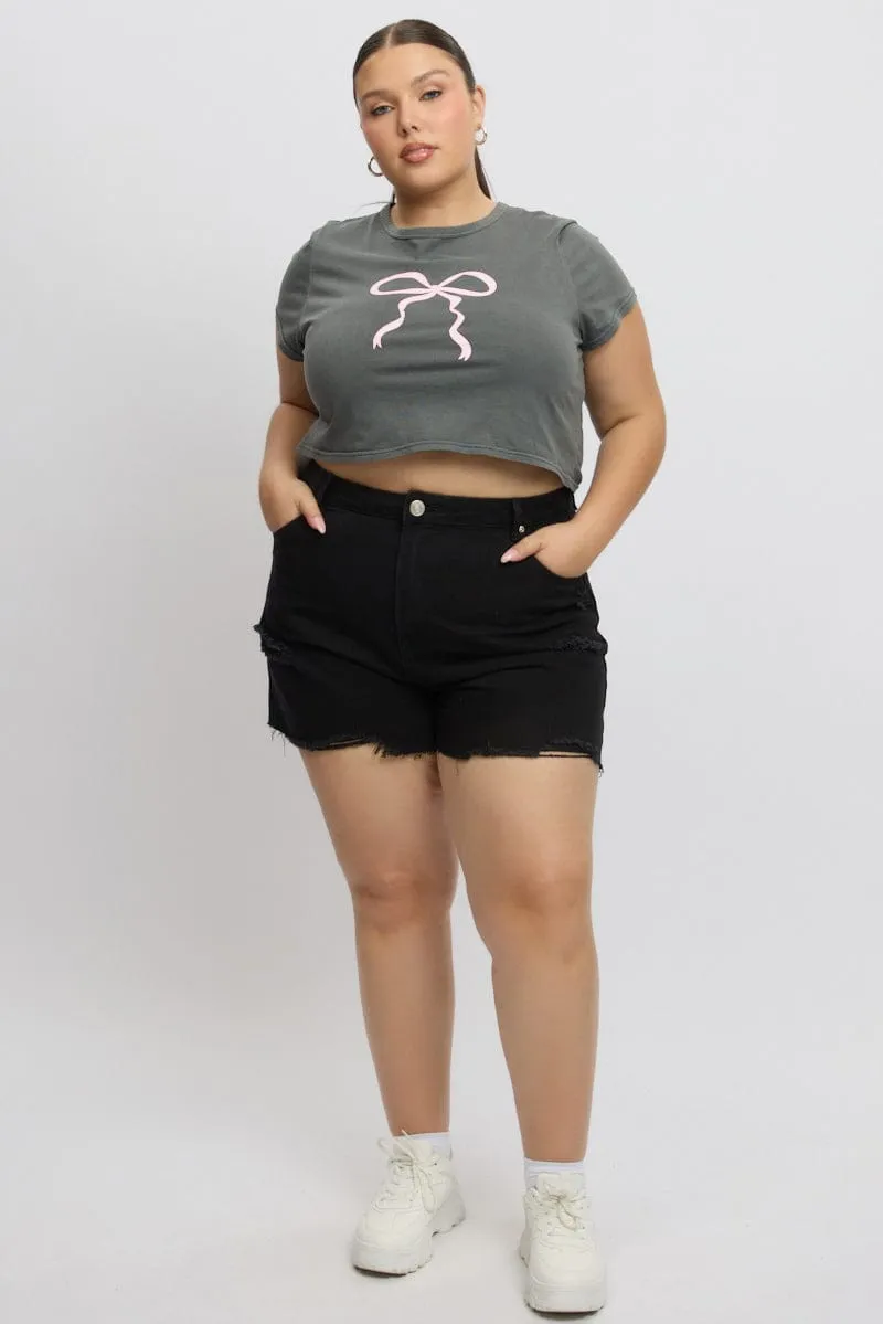 NonRestrictiveCut Grey Graphic T Shirt Short Sleeve Crop Top