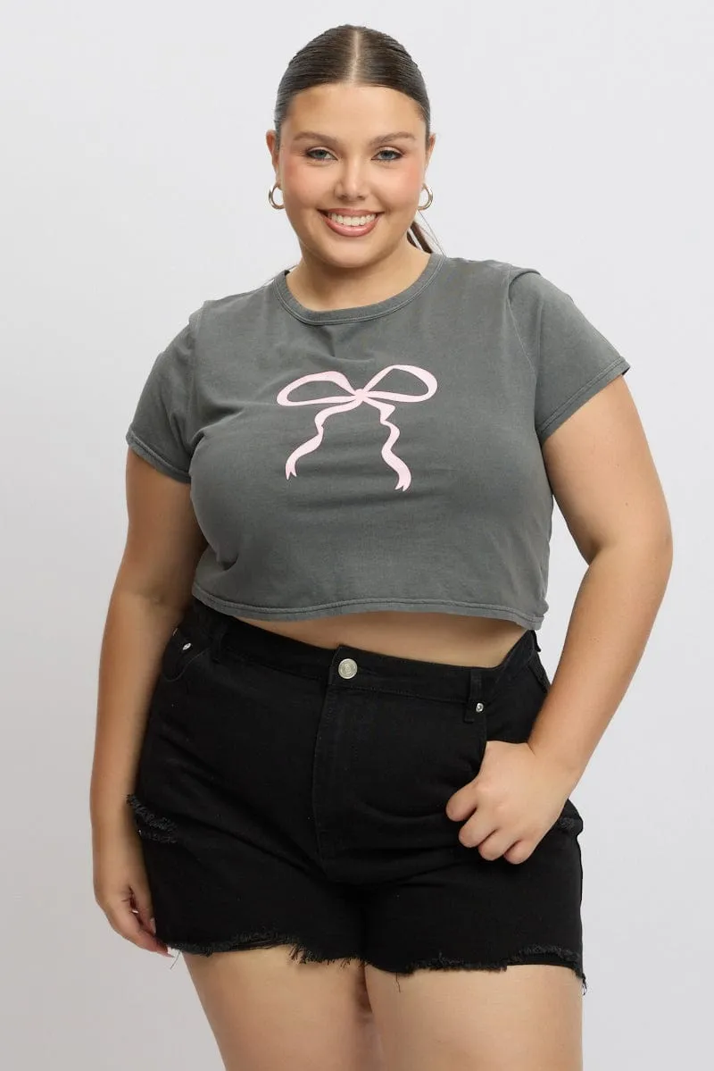 All-Purpose Wear Grey Graphic T Shirt Short Sleeve Crop Top