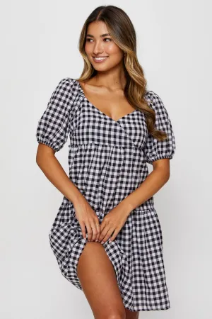 Casual Wear Check Fit And Flare Dress Short Sleeve Sweetheart Neck