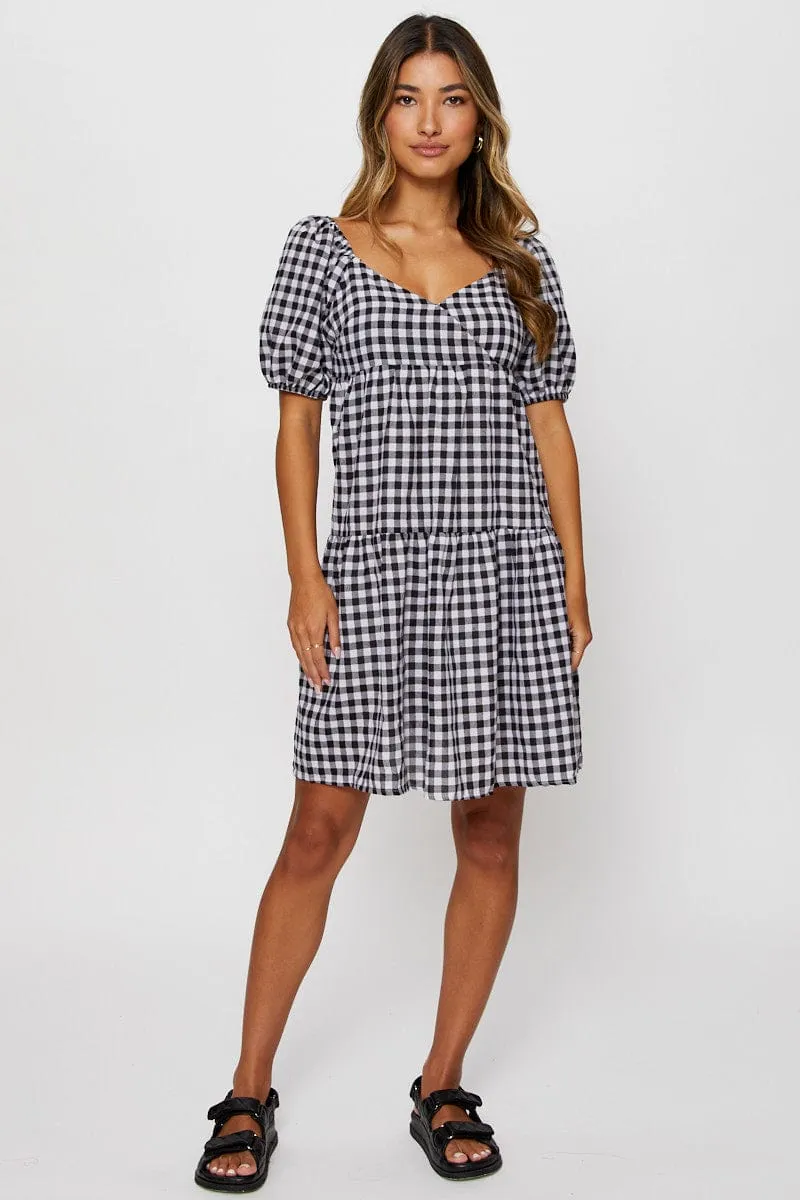 NonIrritating Seams Check Fit And Flare Dress Short Sleeve Sweetheart Neck