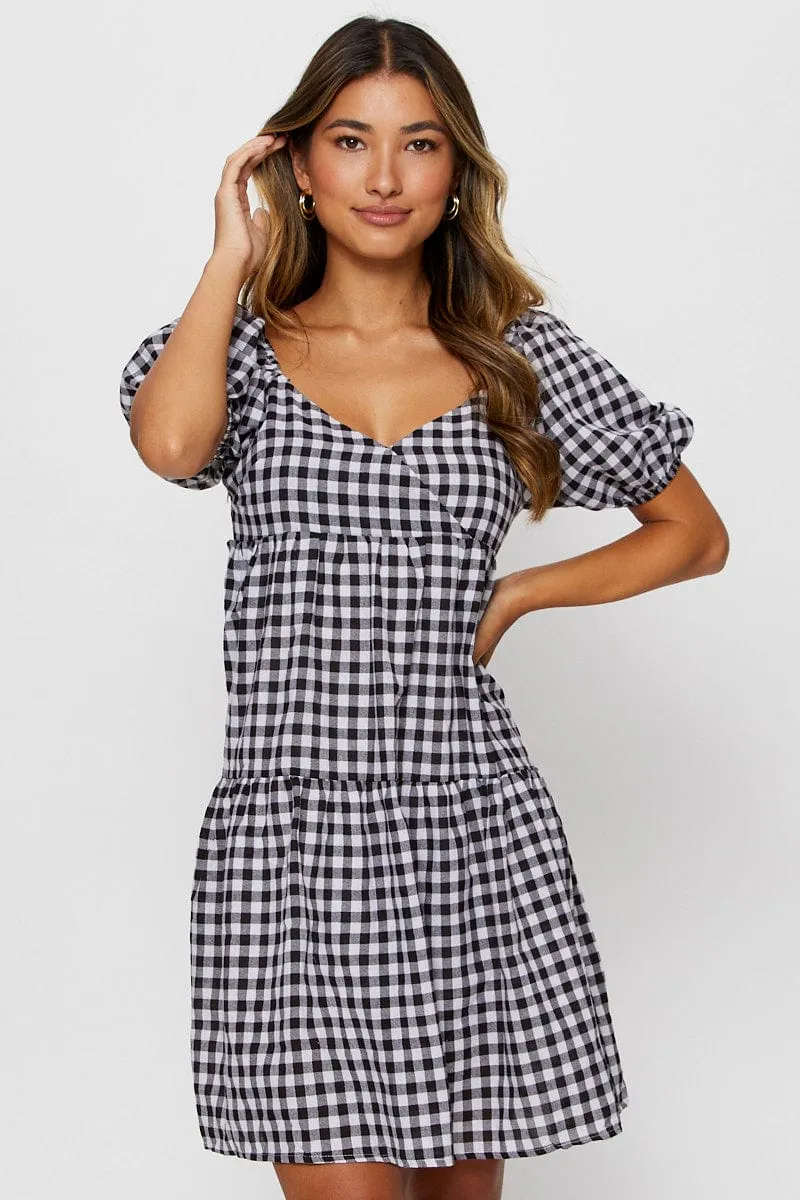 Lounge Wear Check Fit And Flare Dress Short Sleeve Sweetheart Neck