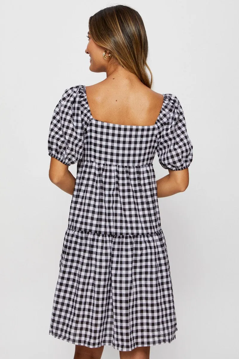 Check Fit And Flare Dress Short Sleeve Sweetheart Neck ChafeFree Design