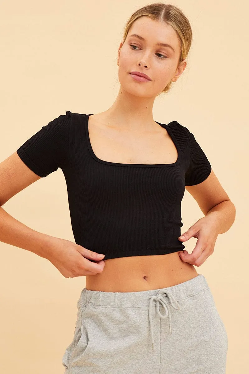 Black Seamless T-Shirt Crop Short Sleeve Square Neck Functional Jacket