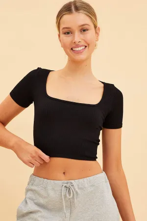 TaglessCollar Friend Vibe Black Seamless T-Shirt Crop Short Sleeve Square Neck