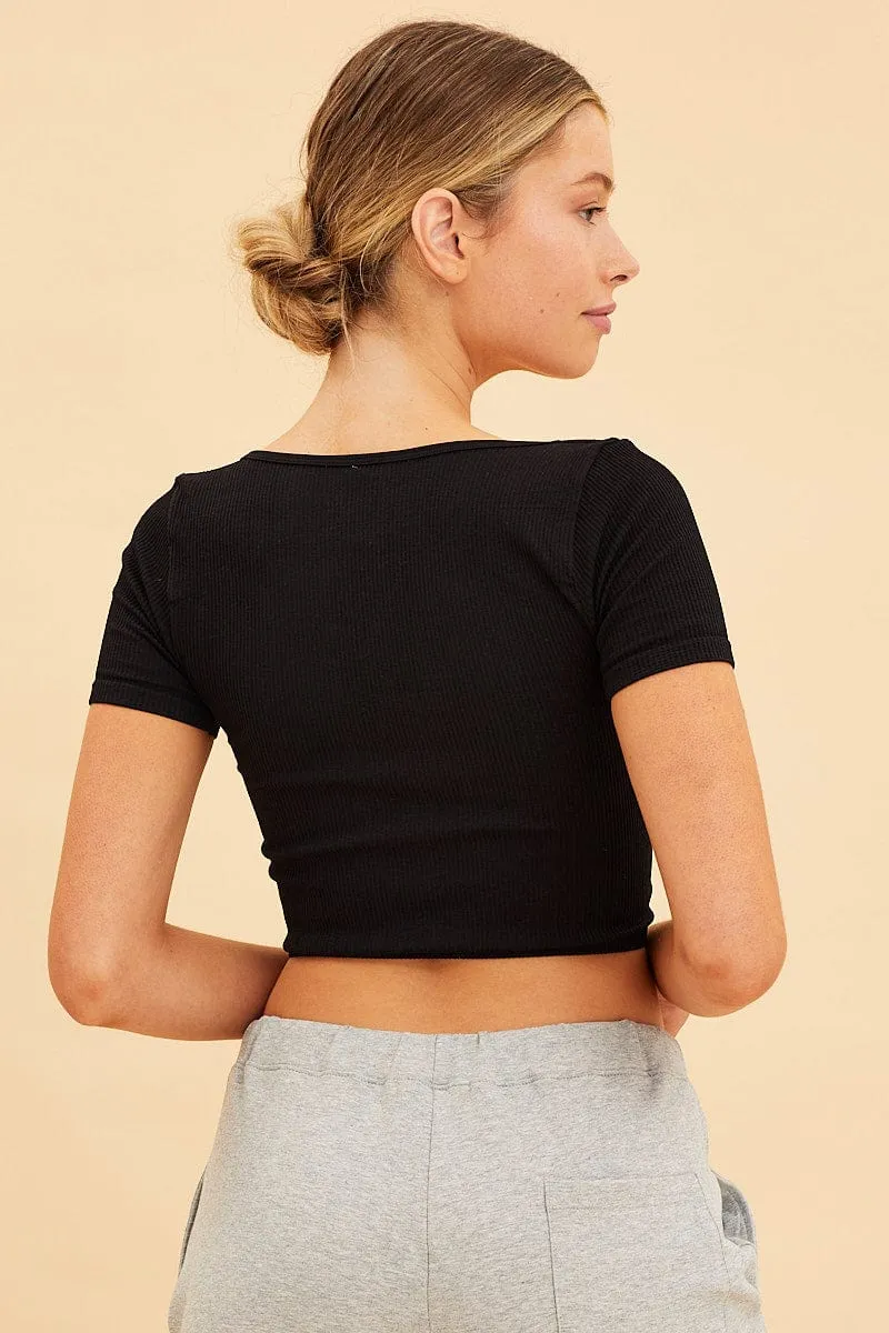 Black Seamless T-Shirt Crop Short Sleeve Square Neck AdjustableWaist Outdoor Jacket