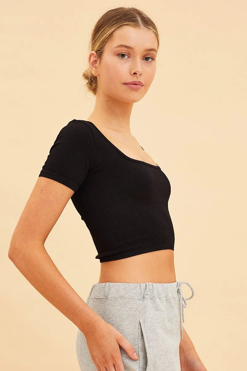Black Seamless T-Shirt Crop Short Sleeve Square Neck ErgonomicCut