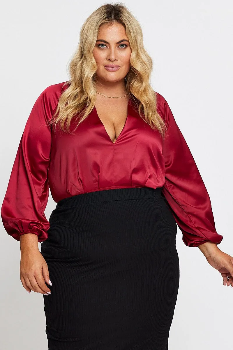 Stylish Bottom Ethic Core Red Long Sleeve Deep V-neck Bodysuit