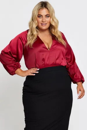 All weather Red Long Sleeve Deep V-neck Bodysuit