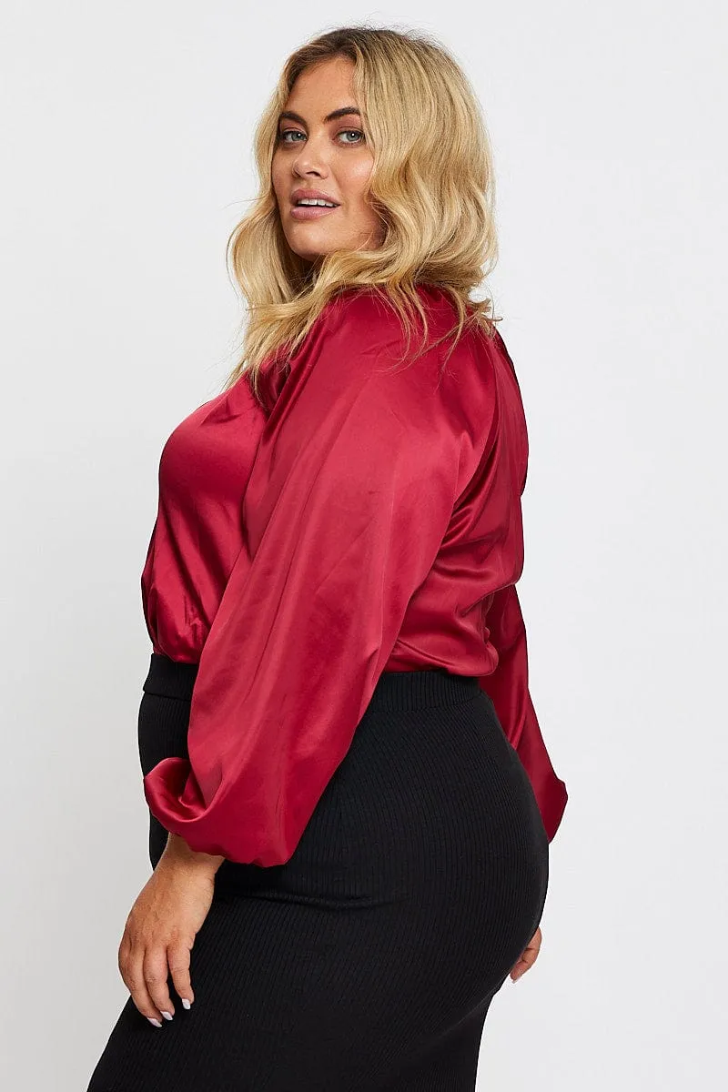 Red Long Sleeve Deep V-neck Bodysuit AllSeasonWear