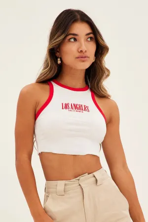 White Tank Top Contrast Round Neck Embroidery Rib AntiStatic Cloth
