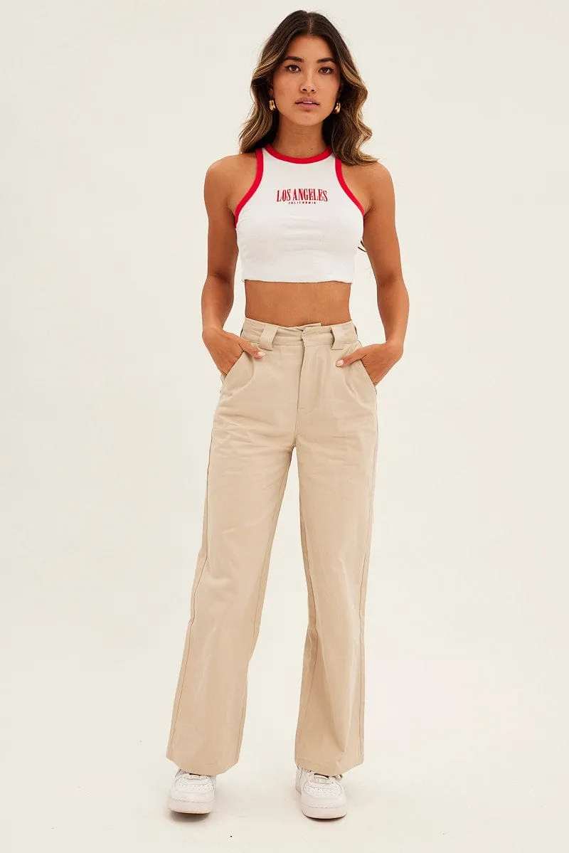 Durable Reinforced Edges White Tank Top Contrast Round Neck Embroidery Rib