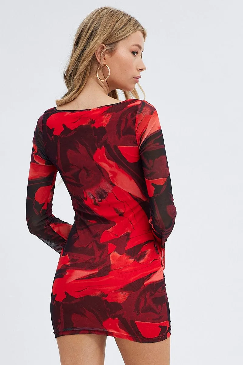 Red Abstract Mesh Mini Dress V Neck Long Sleeve Ruched Party Proof Stylish Silhouette