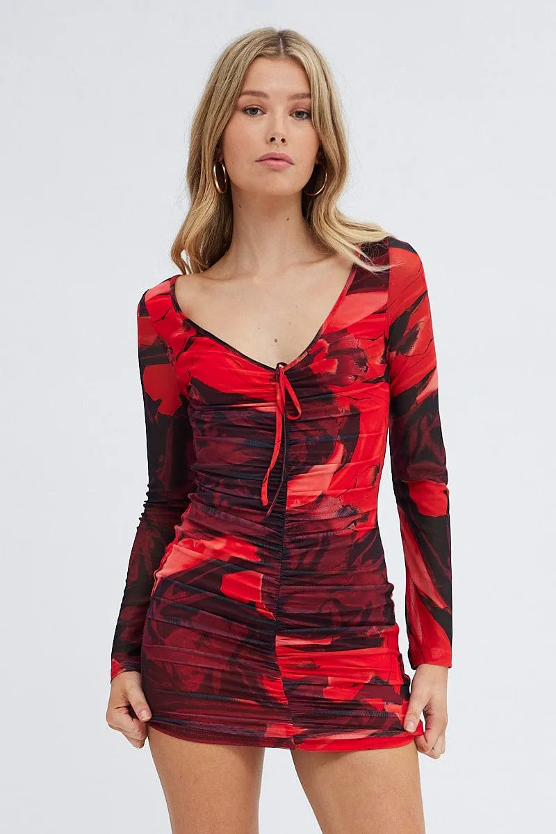 Red Abstract Mesh Mini Dress V Neck Long Sleeve Ruched Travel Light Floral Pattern