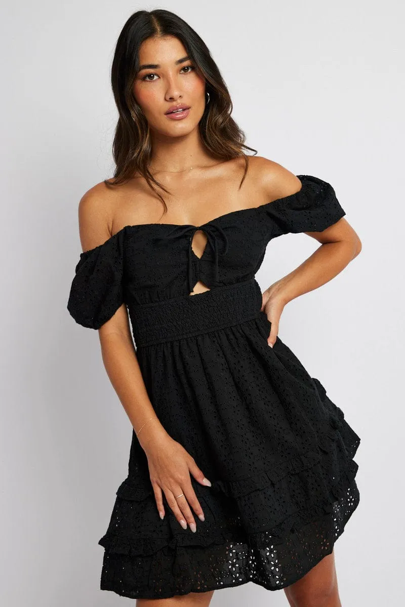 Glitter Fit Tailored Fit Black Fit and Flare Dress Short Sleeve Embroidered