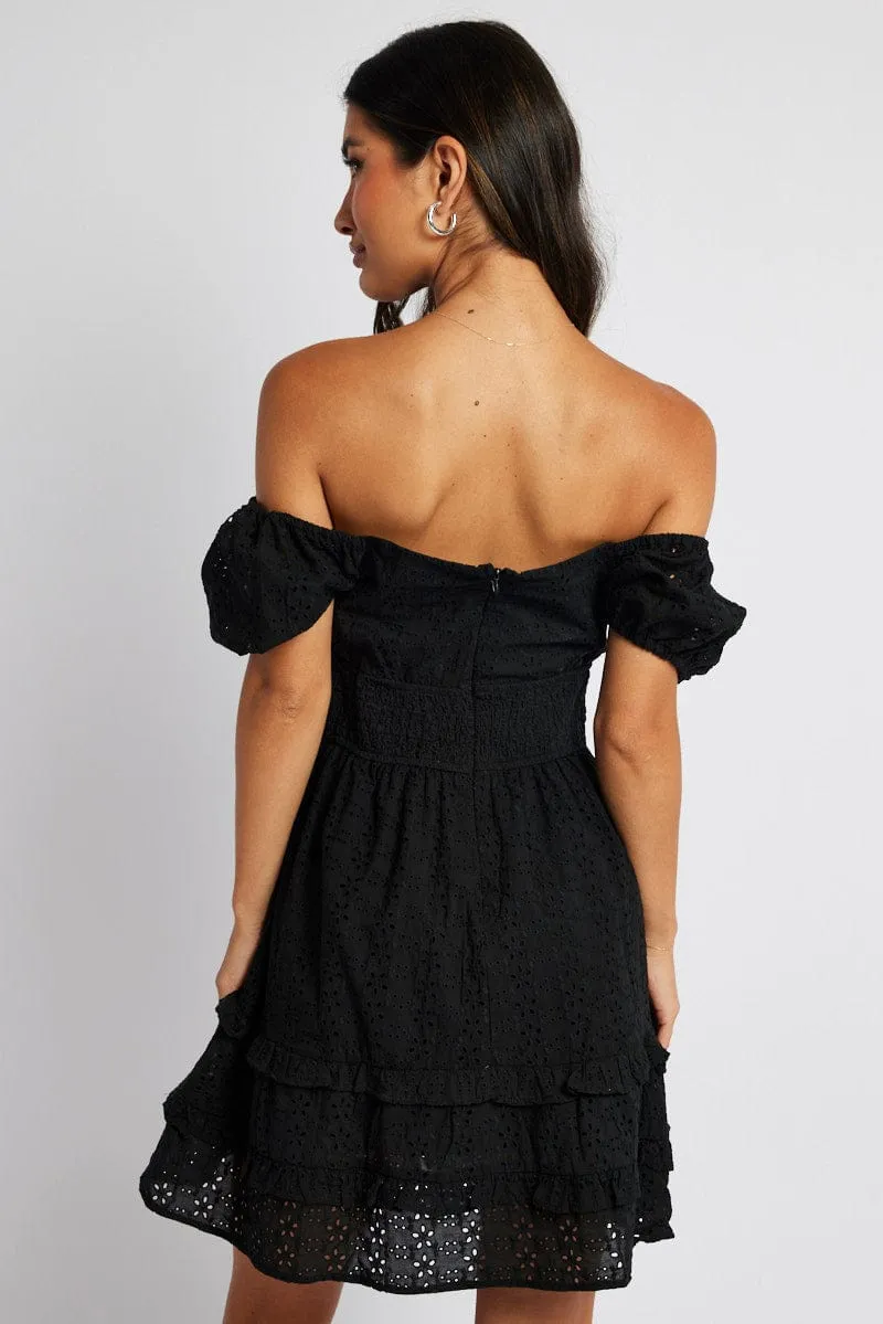 Black Fit and Flare Dress Short Sleeve Embroidered Web Glow High-Quality Fabric