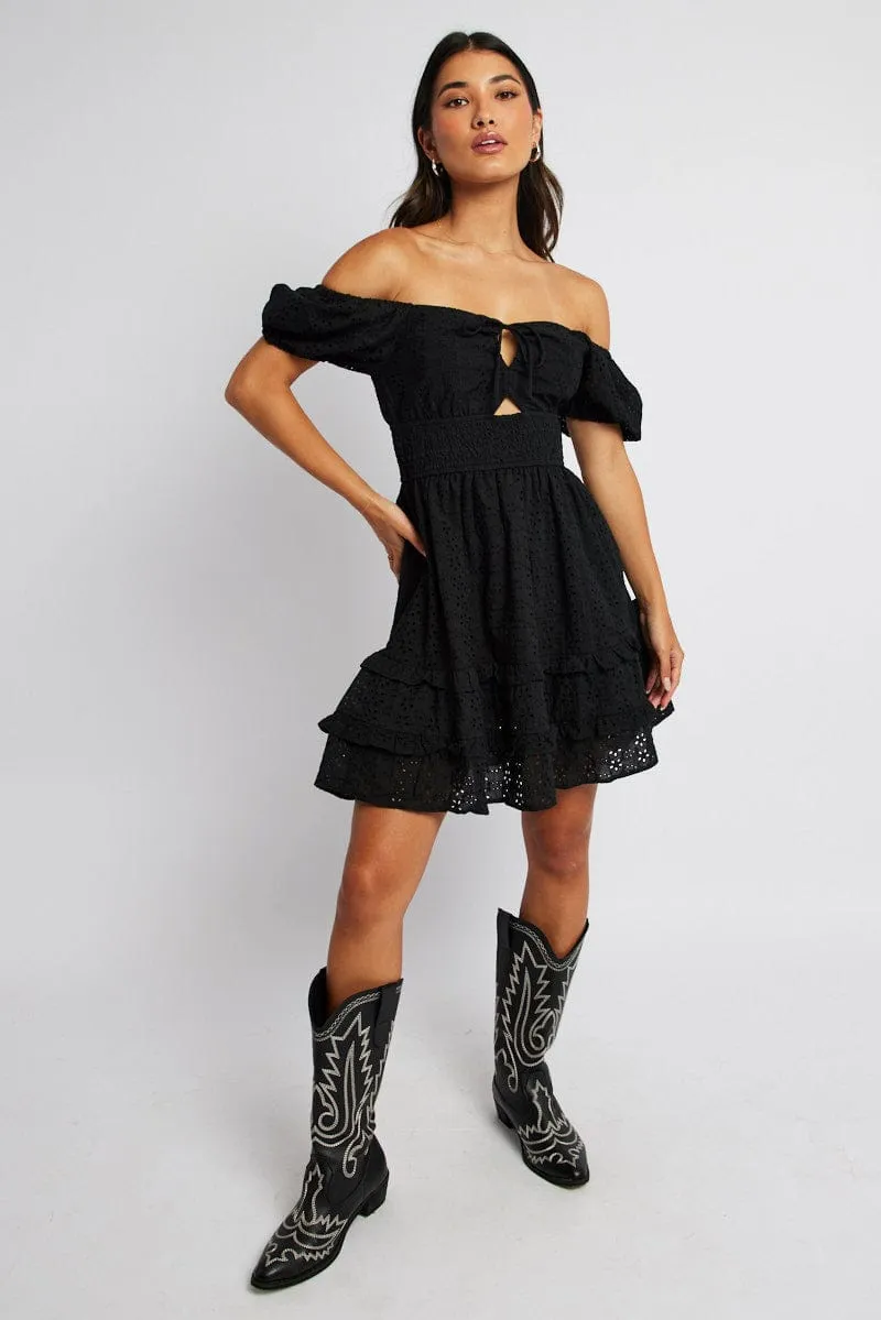 Organic Ease Open Glow Black Fit and Flare Dress Short Sleeve Embroidered