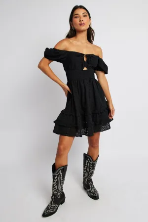 Organic Ease Open Glow Black Fit and Flare Dress Short Sleeve Embroidered
