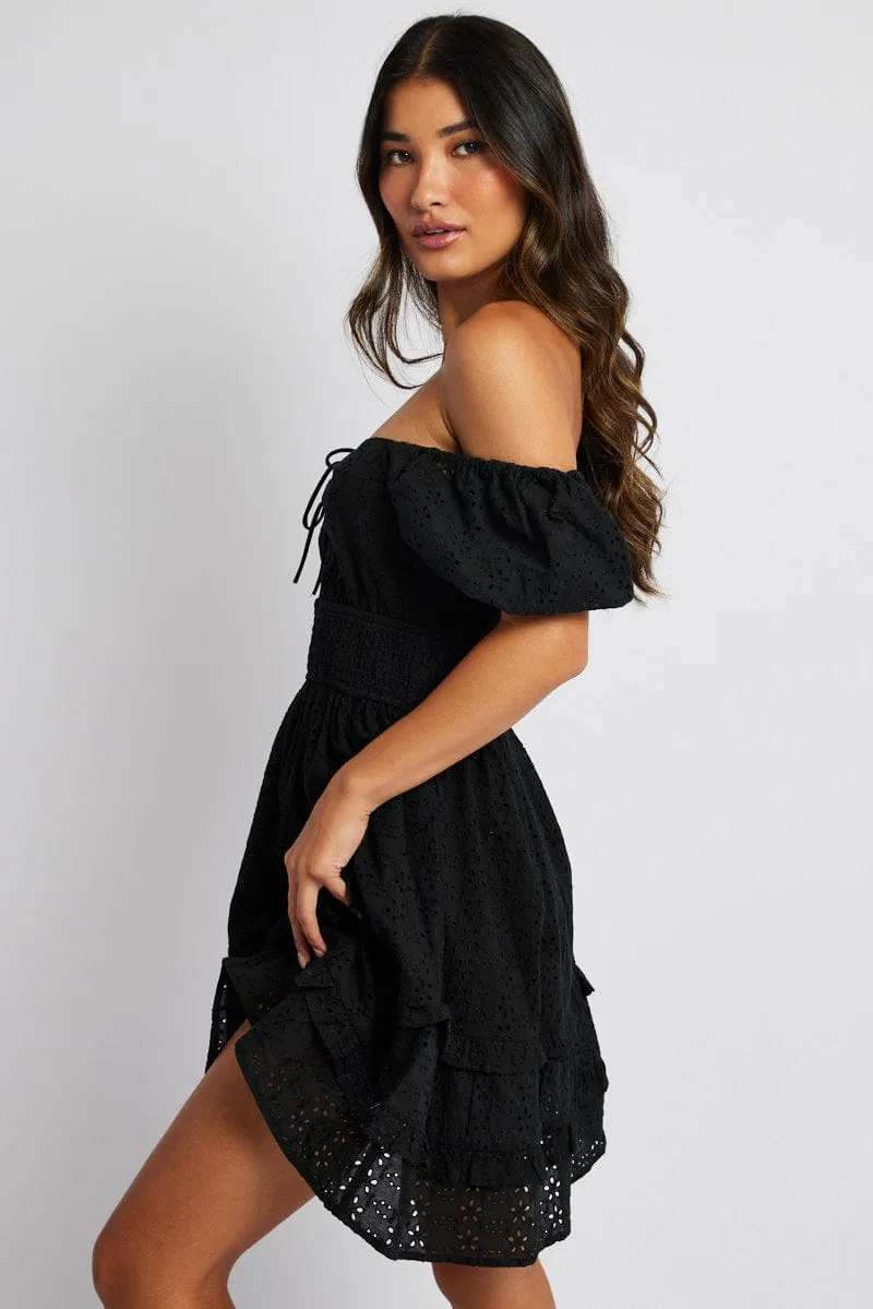 FlexibleElasticity Everyday Wear Black Fit and Flare Dress Short Sleeve Embroidered