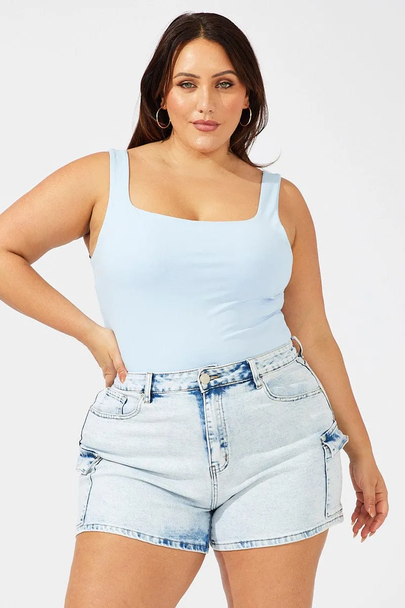 Sporty Style Windproof Outer Layer Blue Tank Top Square Neck Supersoft