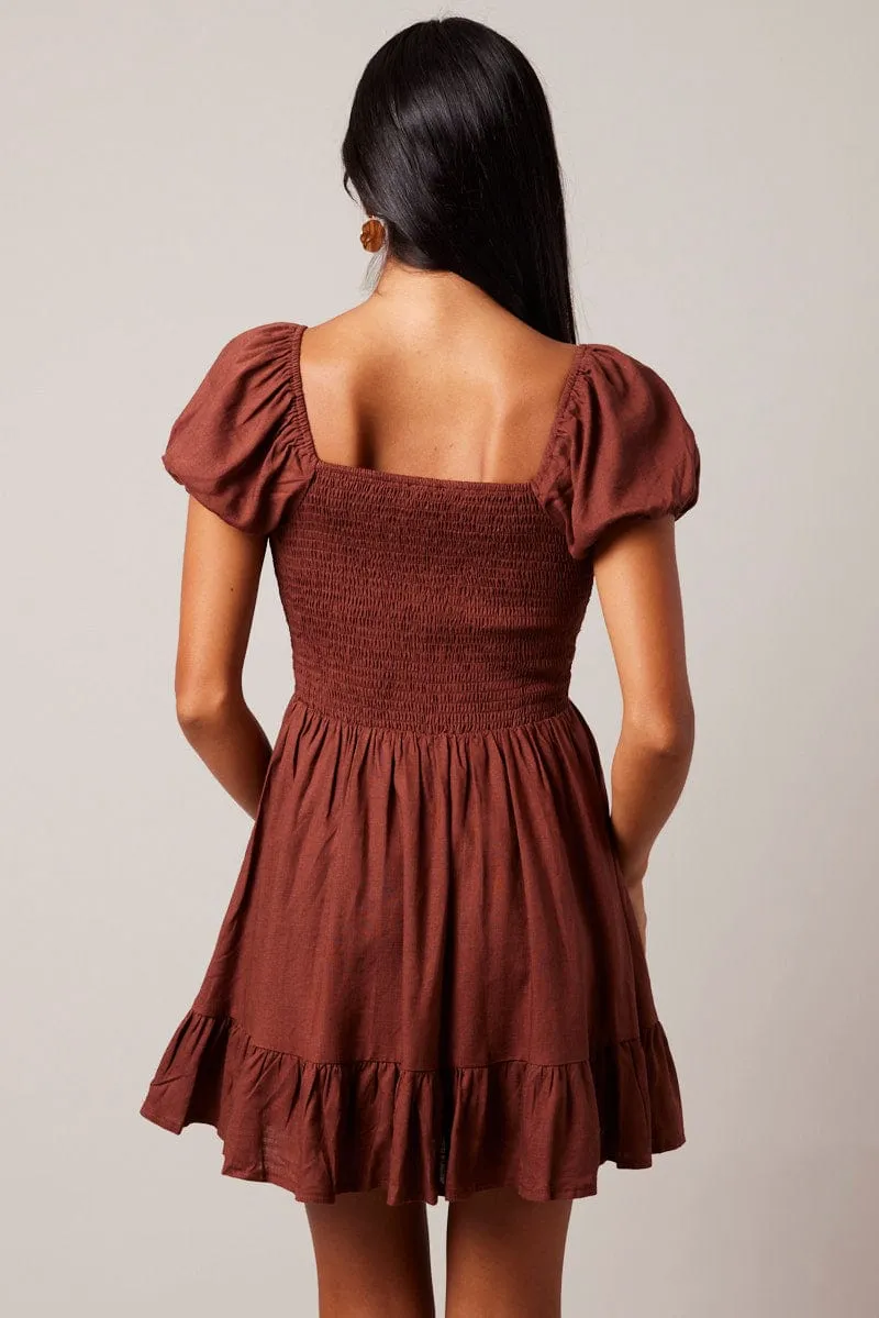 Practical Shorts Breathable fabric Brown Fit And Flare Dress Puff Sleeve