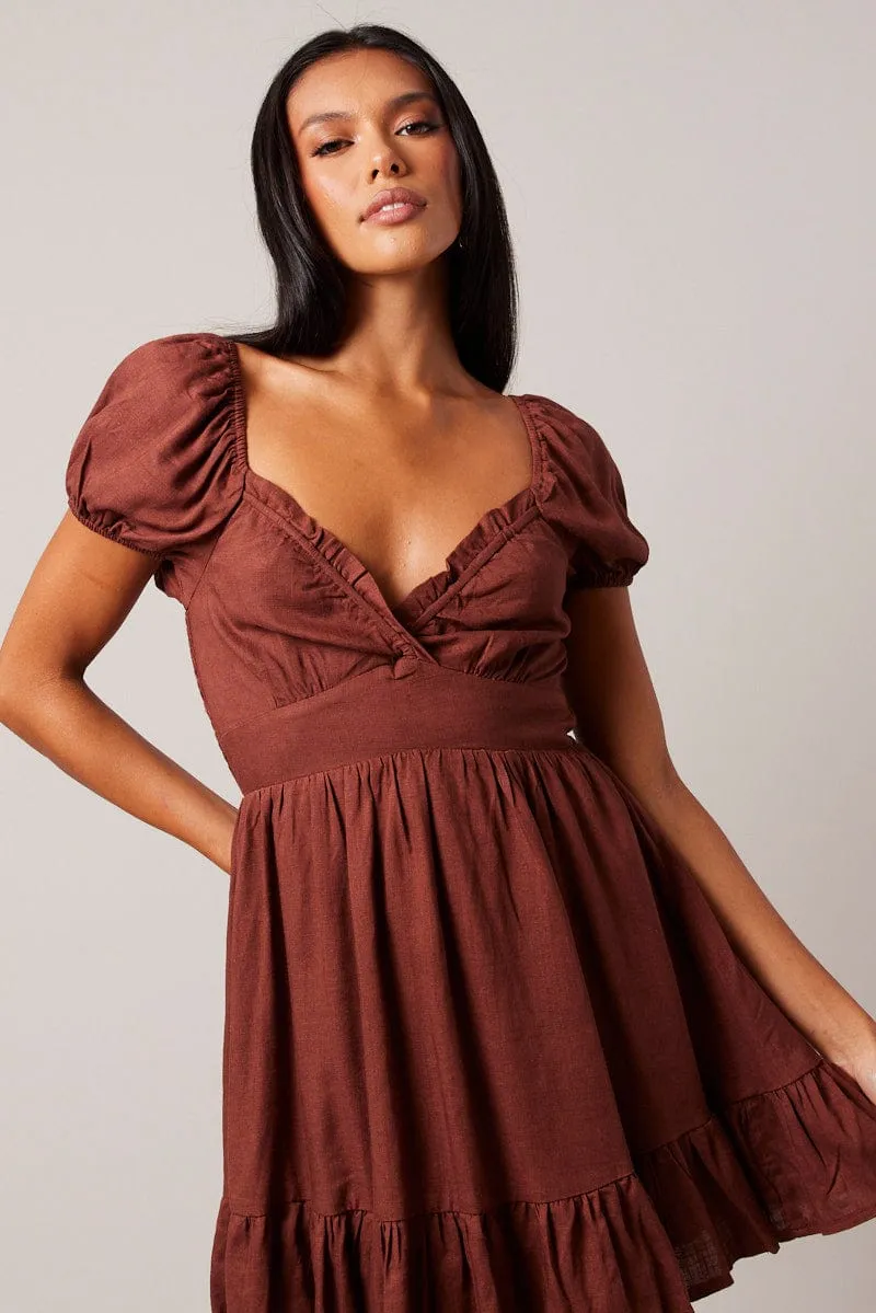 Brown Fit And Flare Dress Puff Sleeve british retro All-Day Fit