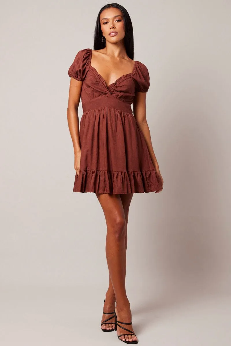 Brown Fit And Flare Dress Puff Sleeve Winter Layer WrinkleResistant Finish