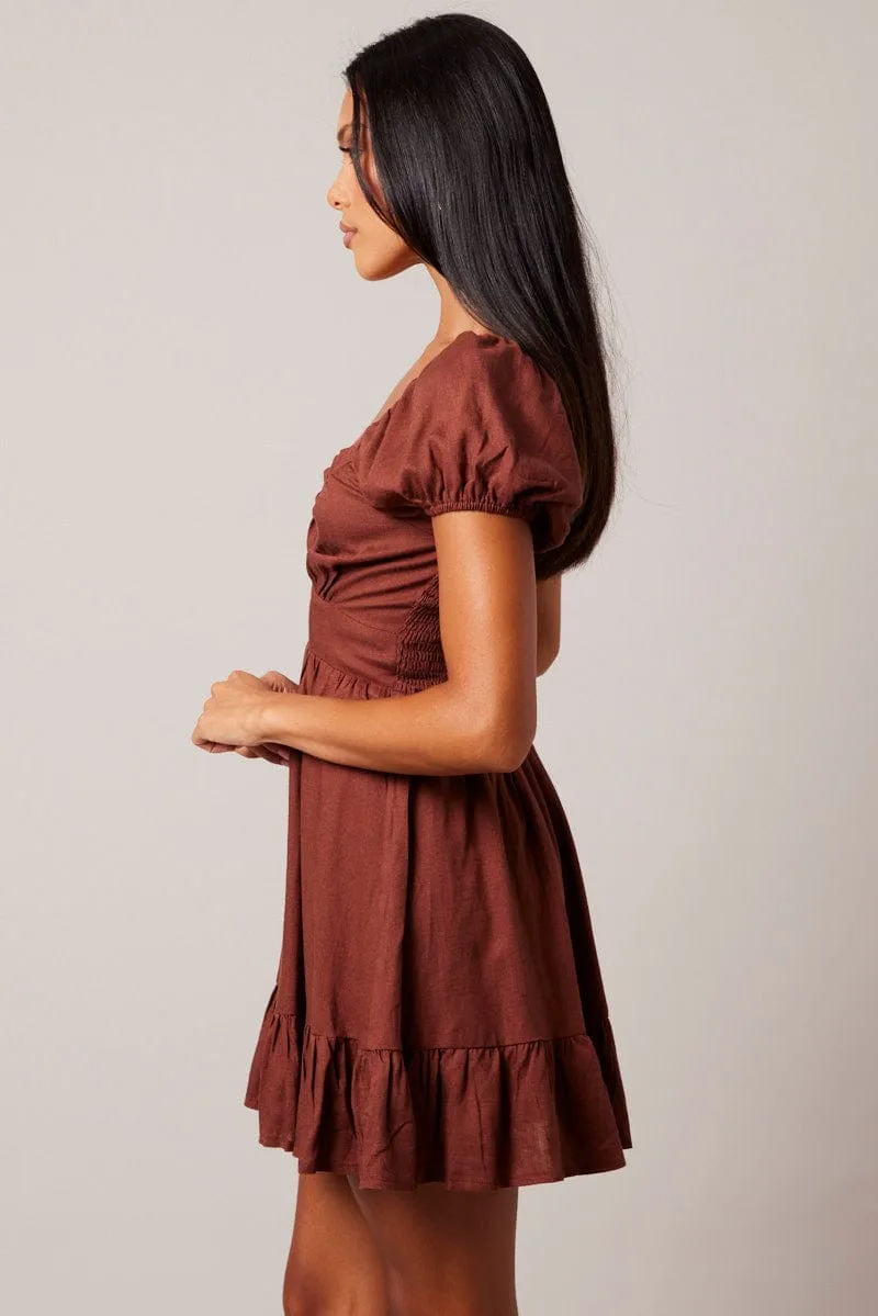 Lightweight Feel Windproof Outer Layer Brown Fit And Flare Dress Puff Sleeve
