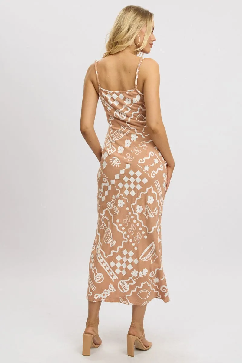Brown Abstract Maxi Dress Bias Cut Linen Blend Fold Art Sheer Layer