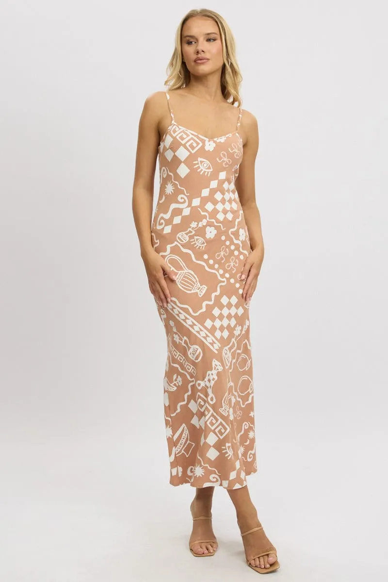 Casual yet elegant outfit Sunbeam Flow Brown Abstract Maxi Dress Bias Cut Linen Blend