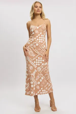 Brown Abstract Maxi Dress Bias Cut Linen Blend Pastel tone Dusty Rose