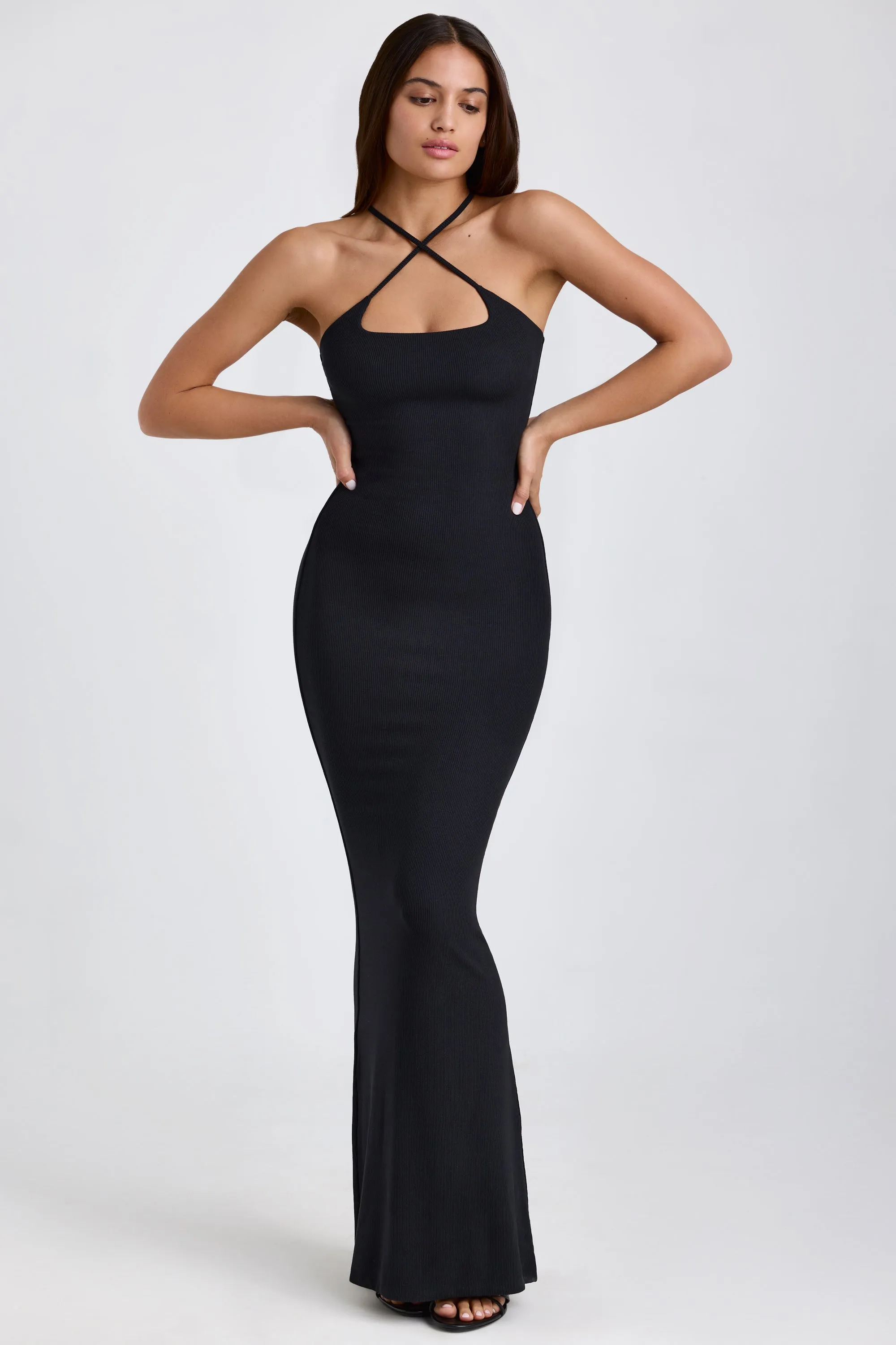 Ice Bloom Island Edge Ribbed Modal Halterneck Maxi Dress in Black