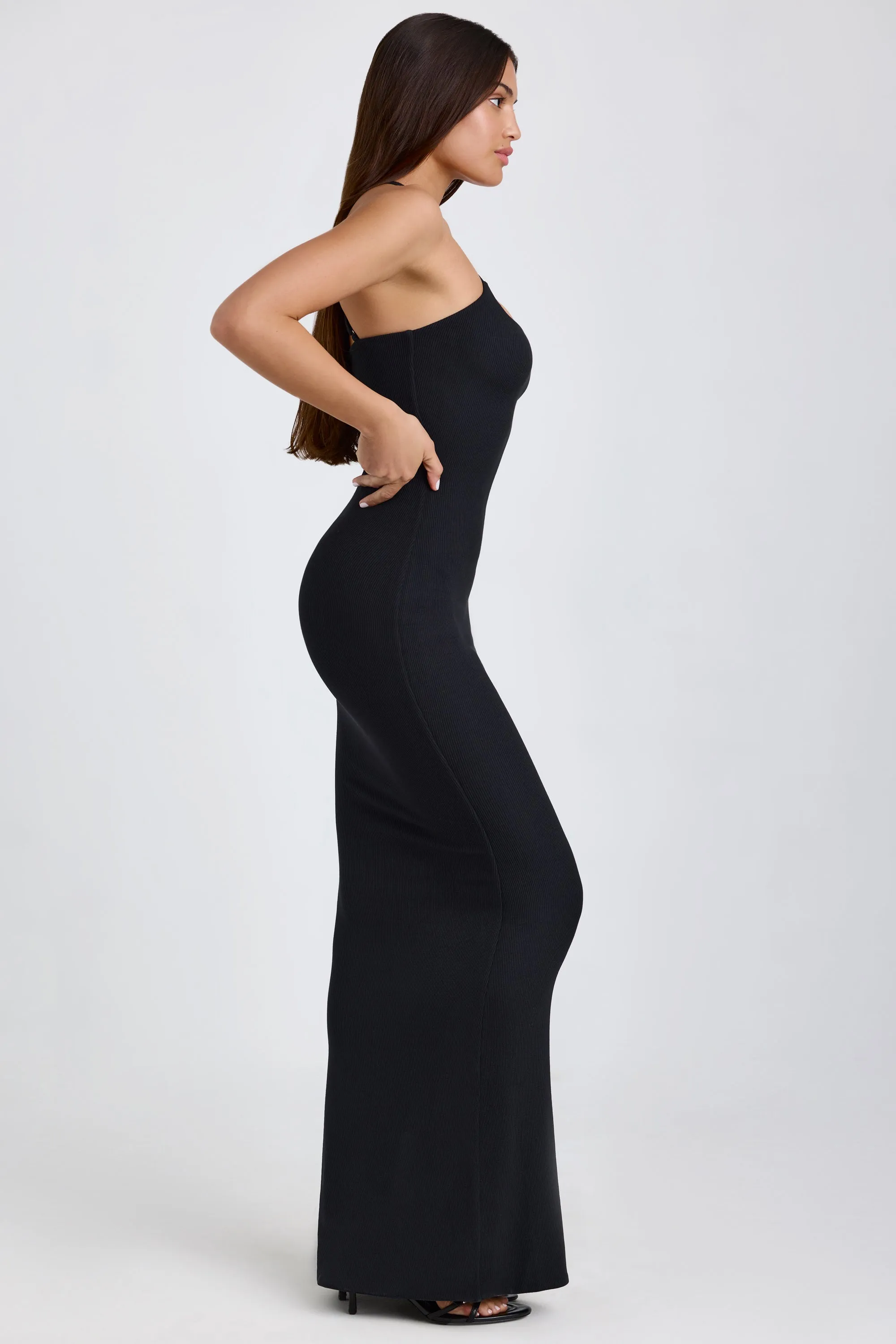 Orange Heat Comfortable night dress Ribbed Modal Halterneck Maxi Dress in Black