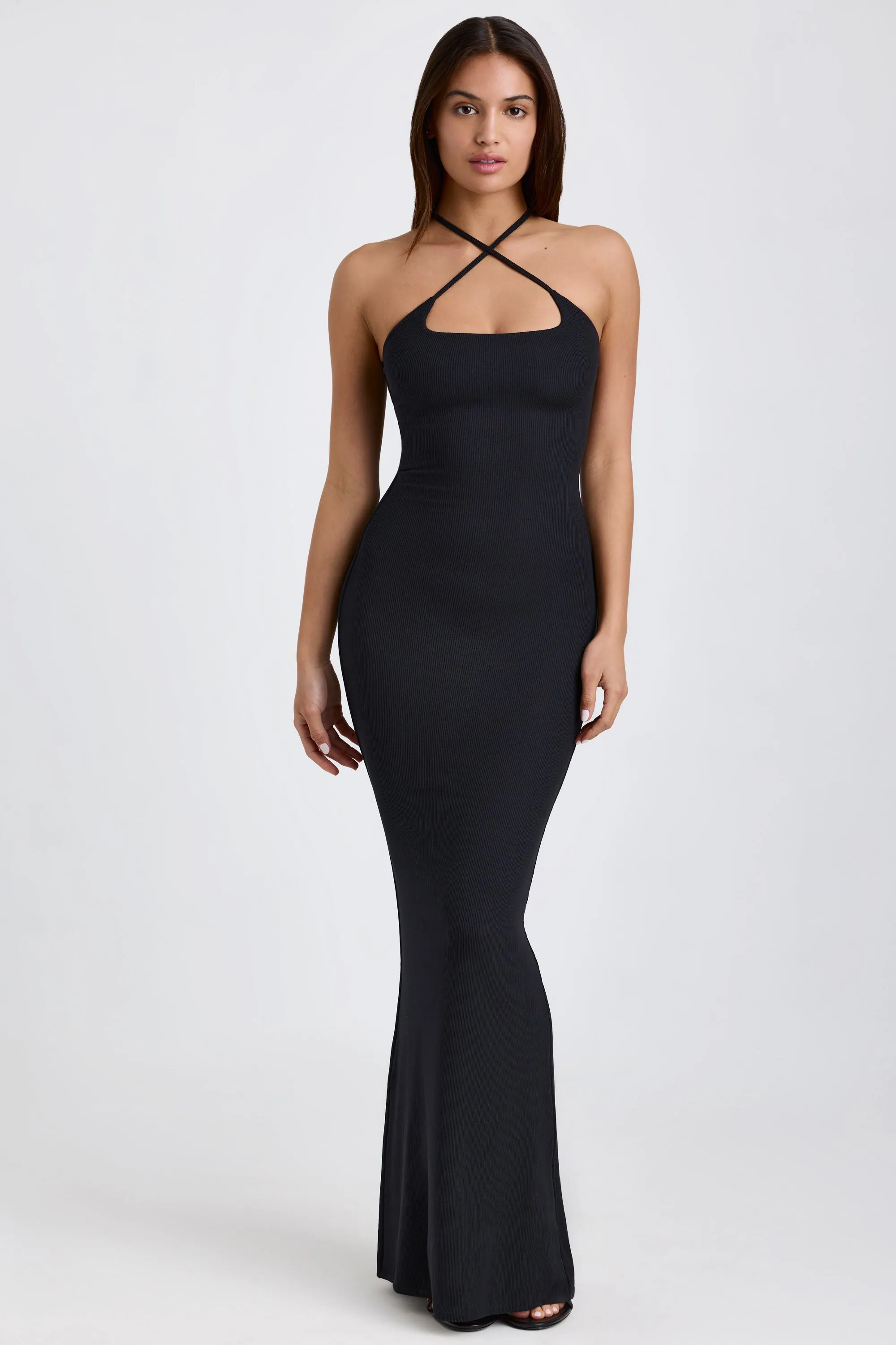 Dawn Calm Hemp Glow Ribbed Modal Halterneck Maxi Dress in Black