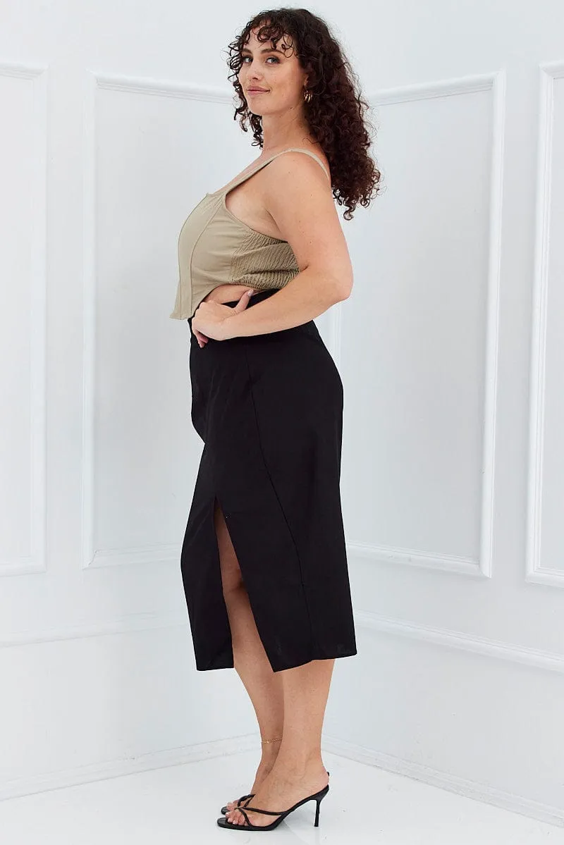 Refined Finish Black Midi Skirt Slim Fit Split Cotton