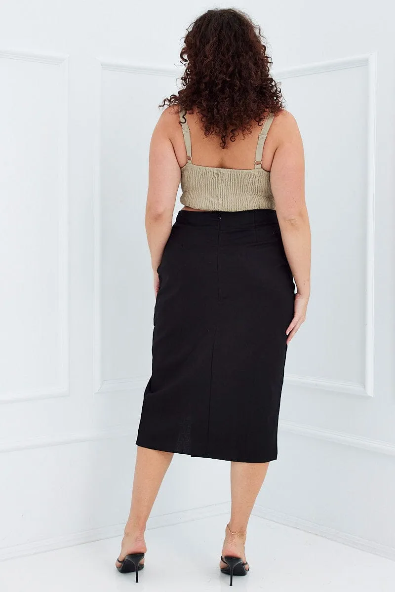 Black Midi Skirt Slim Fit Split Cotton Effortless Wear Relaxed Feel