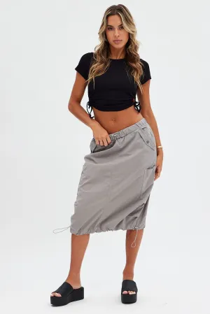 Outfit Game Grey Midi Skirt Mid Rise Cargo Drawstring Elastic Waist