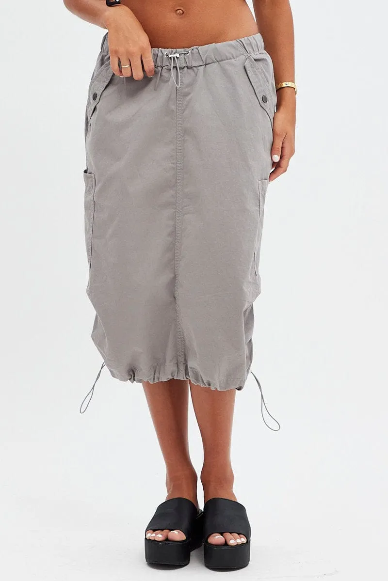 Grey Midi Skirt Mid Rise Cargo Drawstring Elastic Waist Leg Elongating Fresh Style