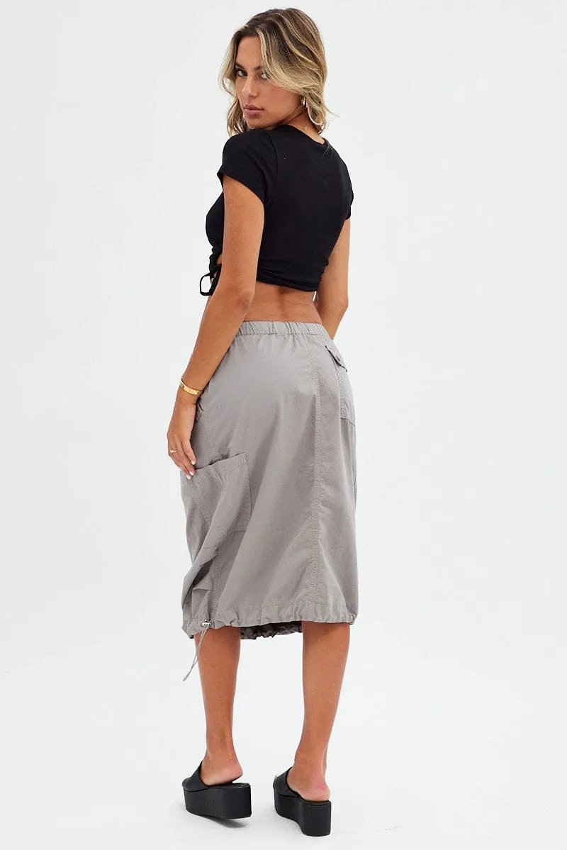 Scalloped Edge Grey Midi Skirt Mid Rise Cargo Drawstring Elastic Waist
