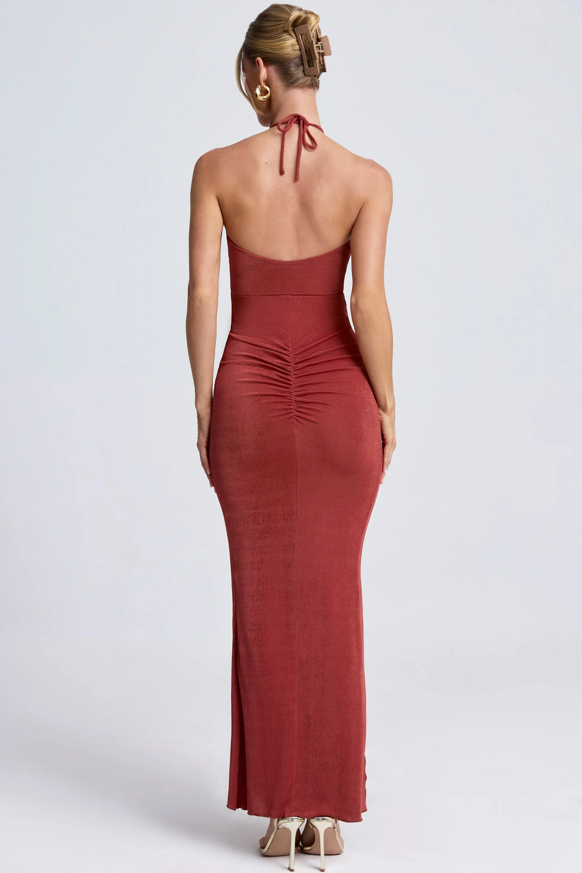 Pine Path White Peak Hardware Detail Cut-Out Halterneck Maxi Dress in Auburn Brown