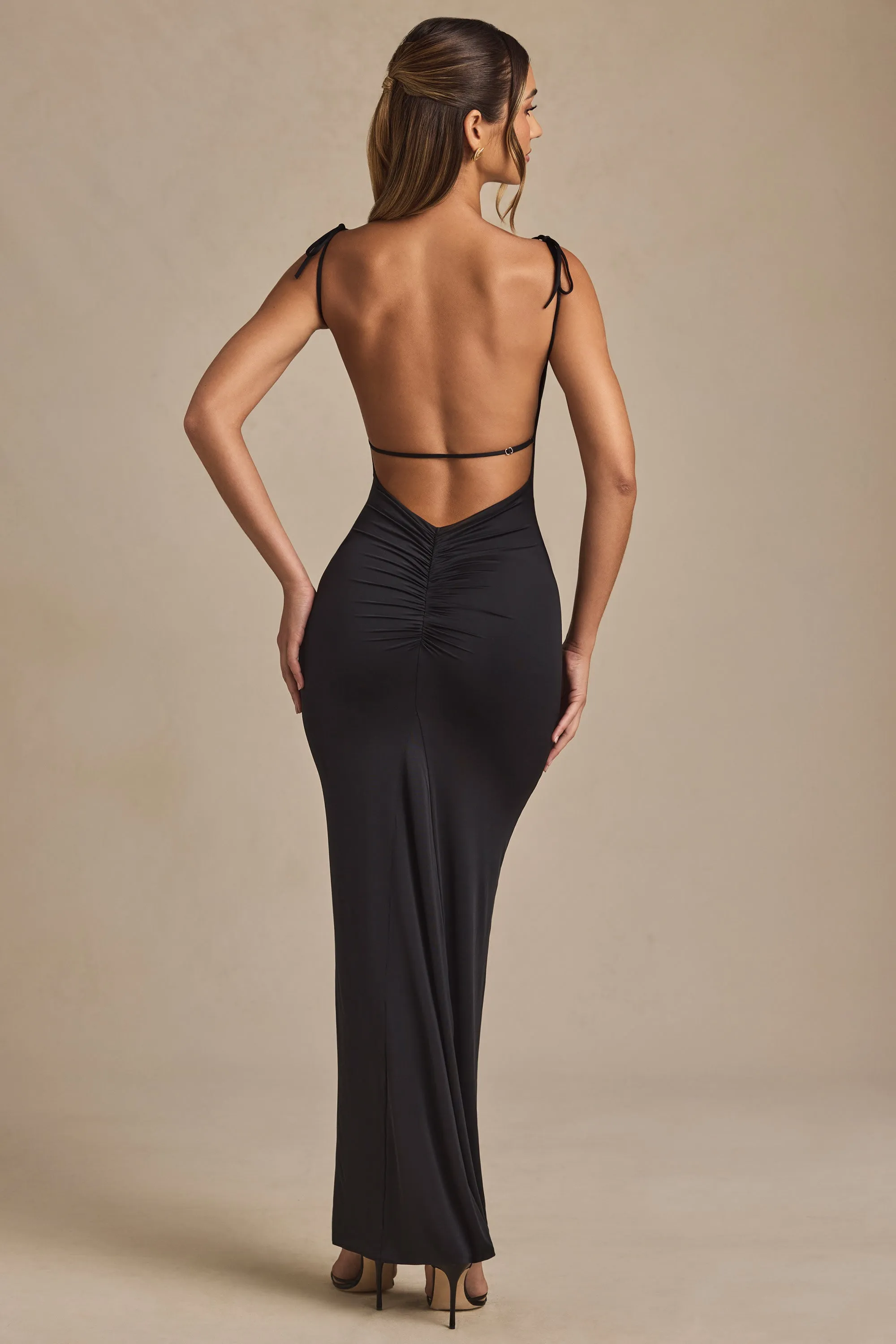 Ruched Backless Maxi Dress in Black Night Calm handmade detail