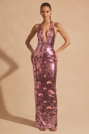 Sequin-Embellished Halterneck Maxi Dress in Pink Sunshine Hour