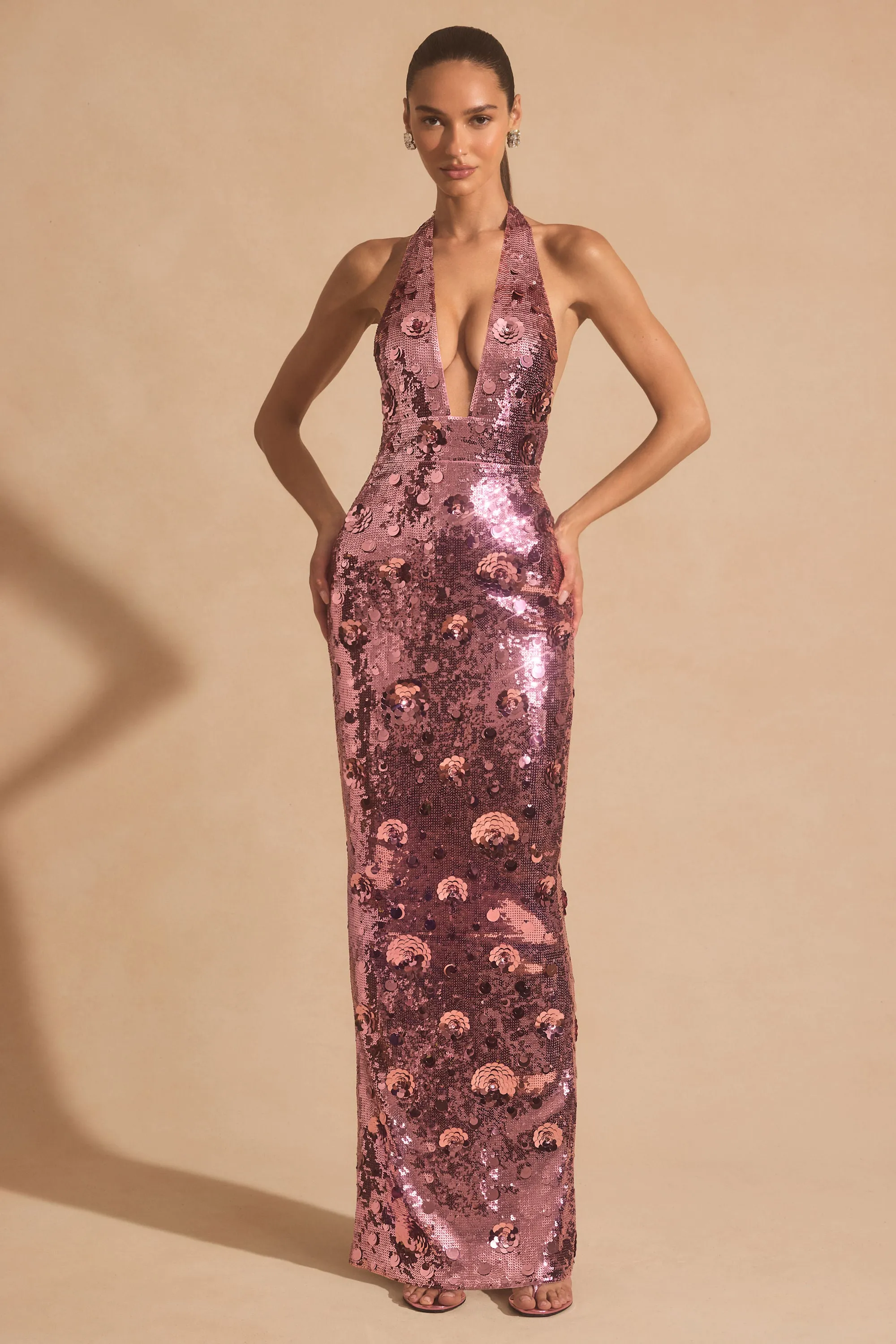 Sequin-Embellished Halterneck Maxi Dress in Pink Sunshine Hour