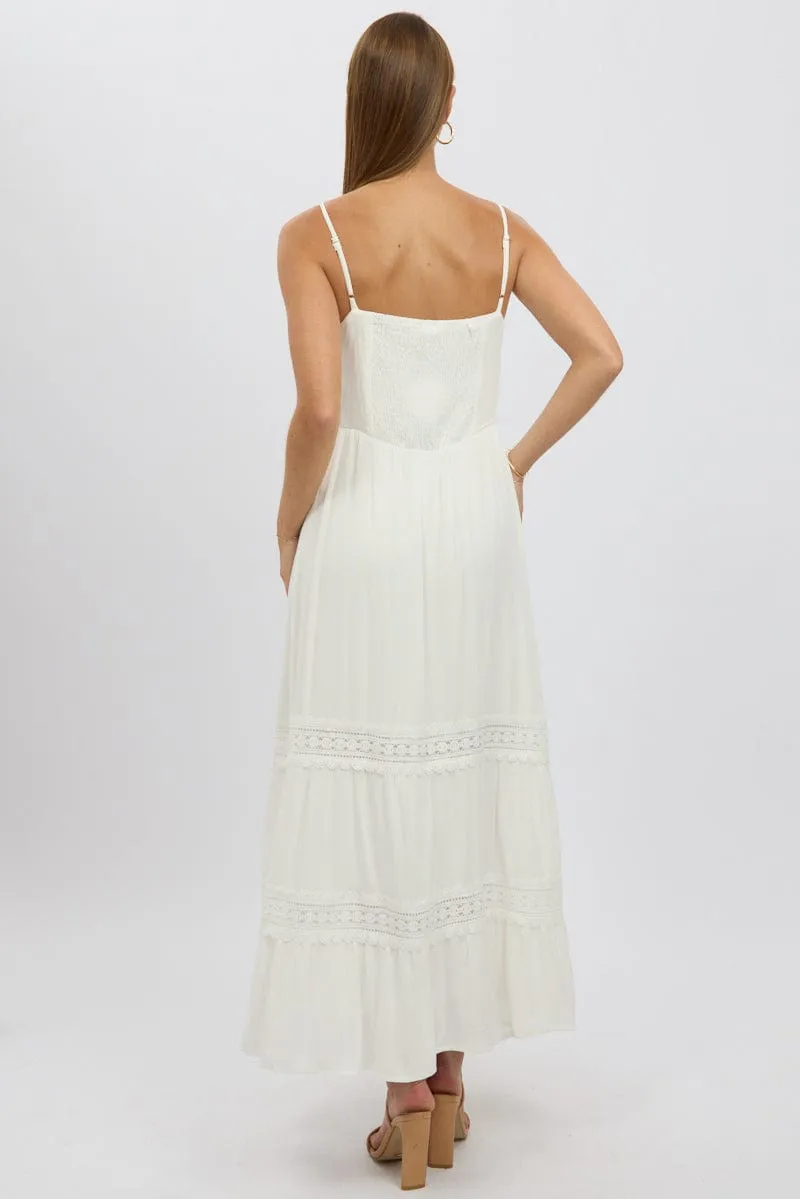 White Maxi Dress Strappy Lace Trim This maxi dress is designed to be worn season after season due to its timeless appeal Boat Neck