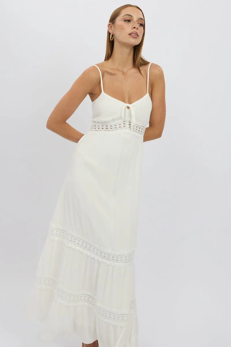 White Maxi Dress Strappy Lace Trim Evening Gold