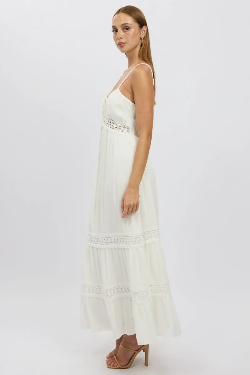 White Maxi Dress Strappy Lace Trim Light Glow Purple Mist