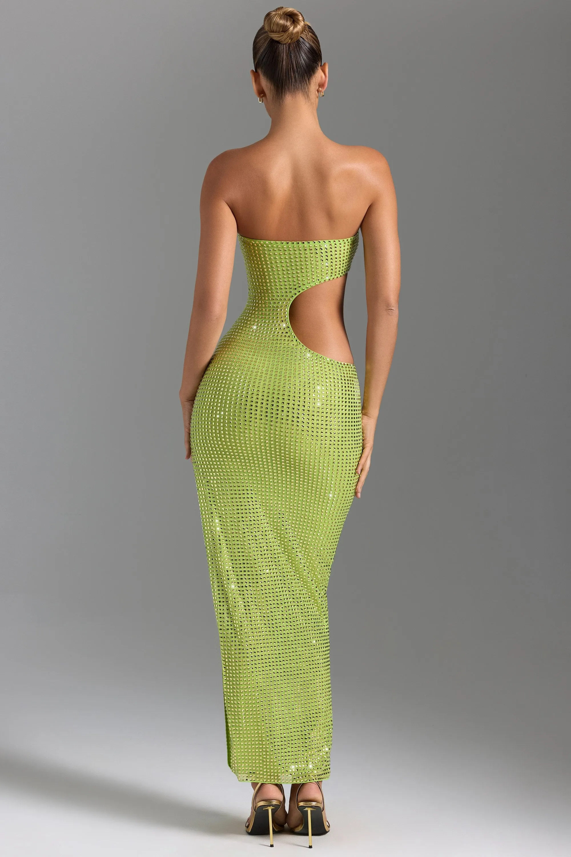 Ruffle Hem Embellished Cut-Out Bandeau Maxi Dress in Pear Green